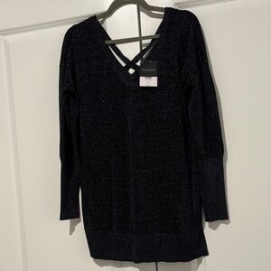 Topshop Black Sparkle Long Sleeve V-Neck Dress with Crisscross Back